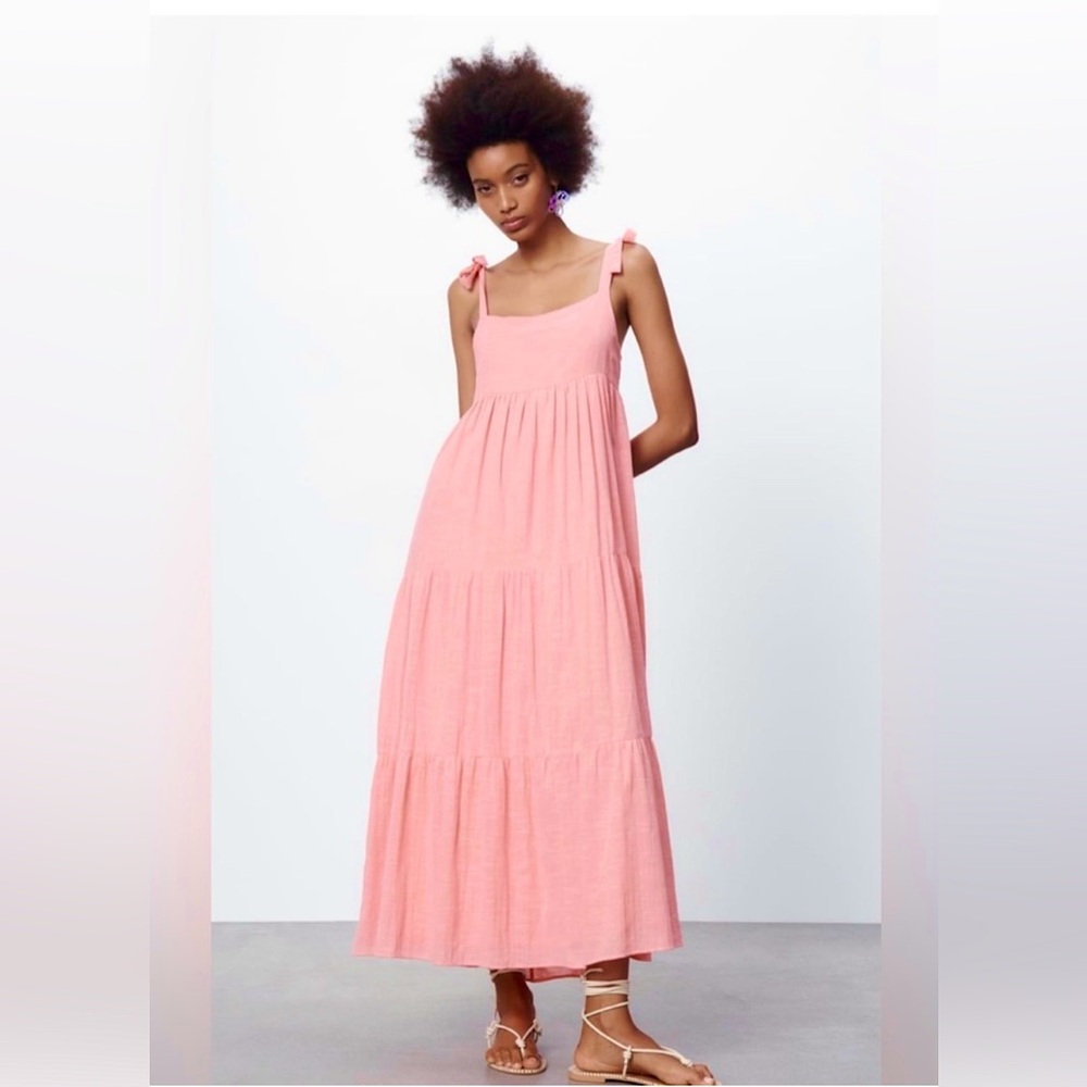 NEW ZARA TIERED COTTON DRESS - XS - PINK